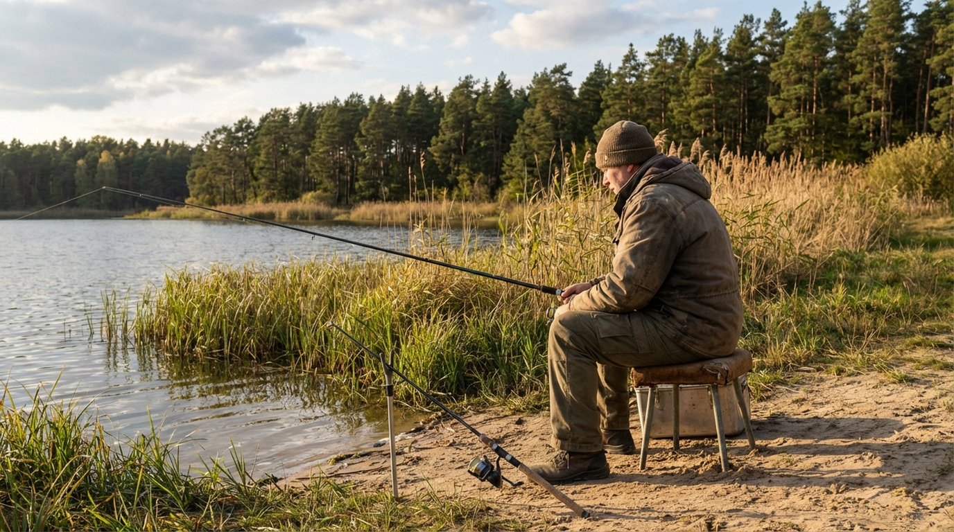 Angler am Ufer eines Brandenburger Sees bei Sonnenuntergang – Angeln in Brandenburg bietet Naturerlebnis pur
