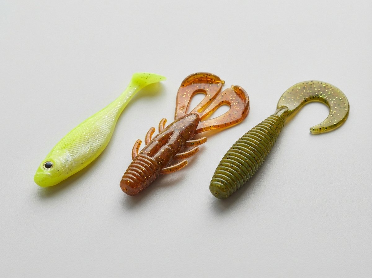 Vergleich verschiedener Gummifische für Barsch in unterschiedlichen Größen und Farben