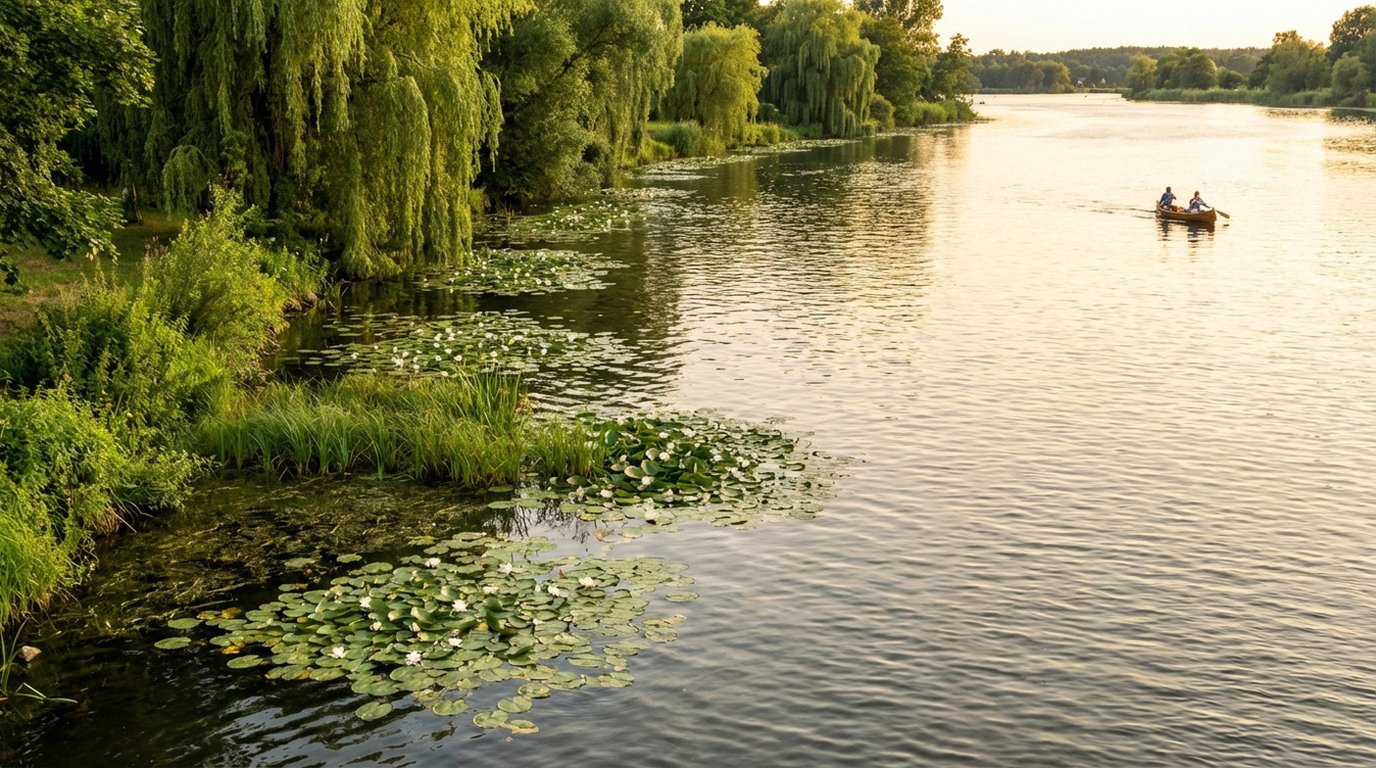 Die Havel bei Potsdam mit breitem Flusslauf, Uferweiden und grüner Landschaft – einer der beliebtesten Angelflüsse in Brandenburg
