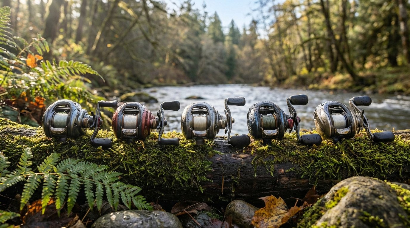 Fünf Baitcastrollen im Test: Shimano Curado DC, Daiwa Tatula SV TW, Abu Garcia Revo Beast, Shimano SLX DC und Daiwa Zillion SV TW nebeneinander auf einem Holzsteg