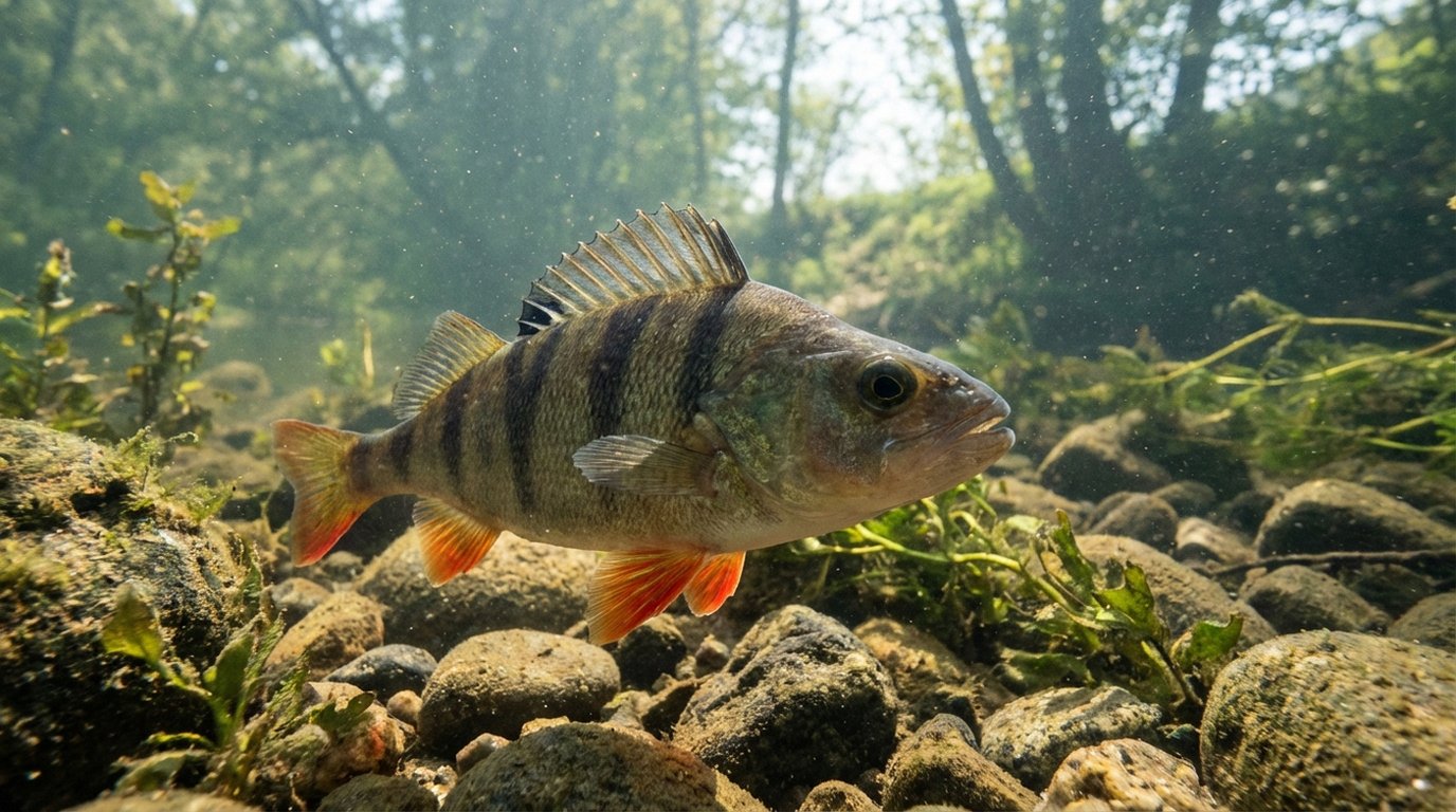 Barsch-Fang am Gewässer – Flussbarsch mit typischen Querbinden