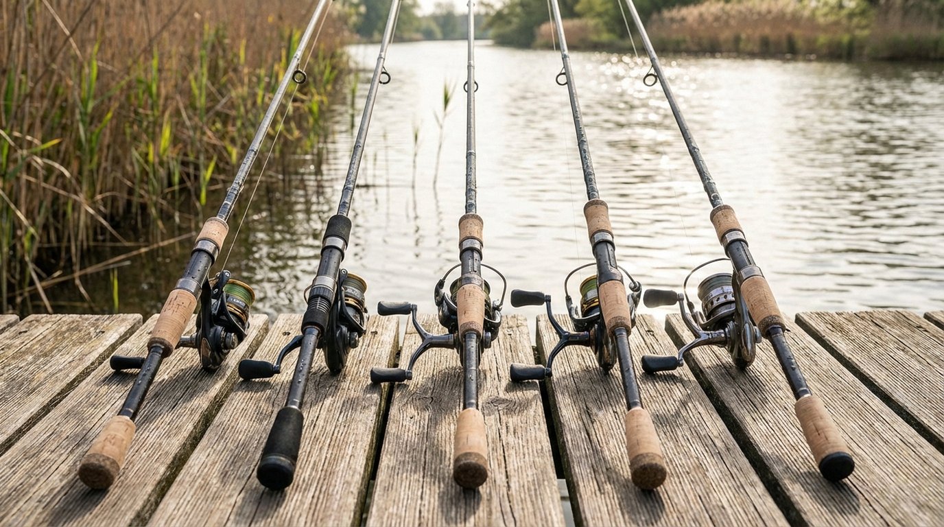 Fünf Barschruten im Vergleich – Shimano Zodias, Daiwa Prorex AGS, Major Craft Benkei, Abu Garcia Vengeance und Doiyo Odo nebeneinander aufgereiht
