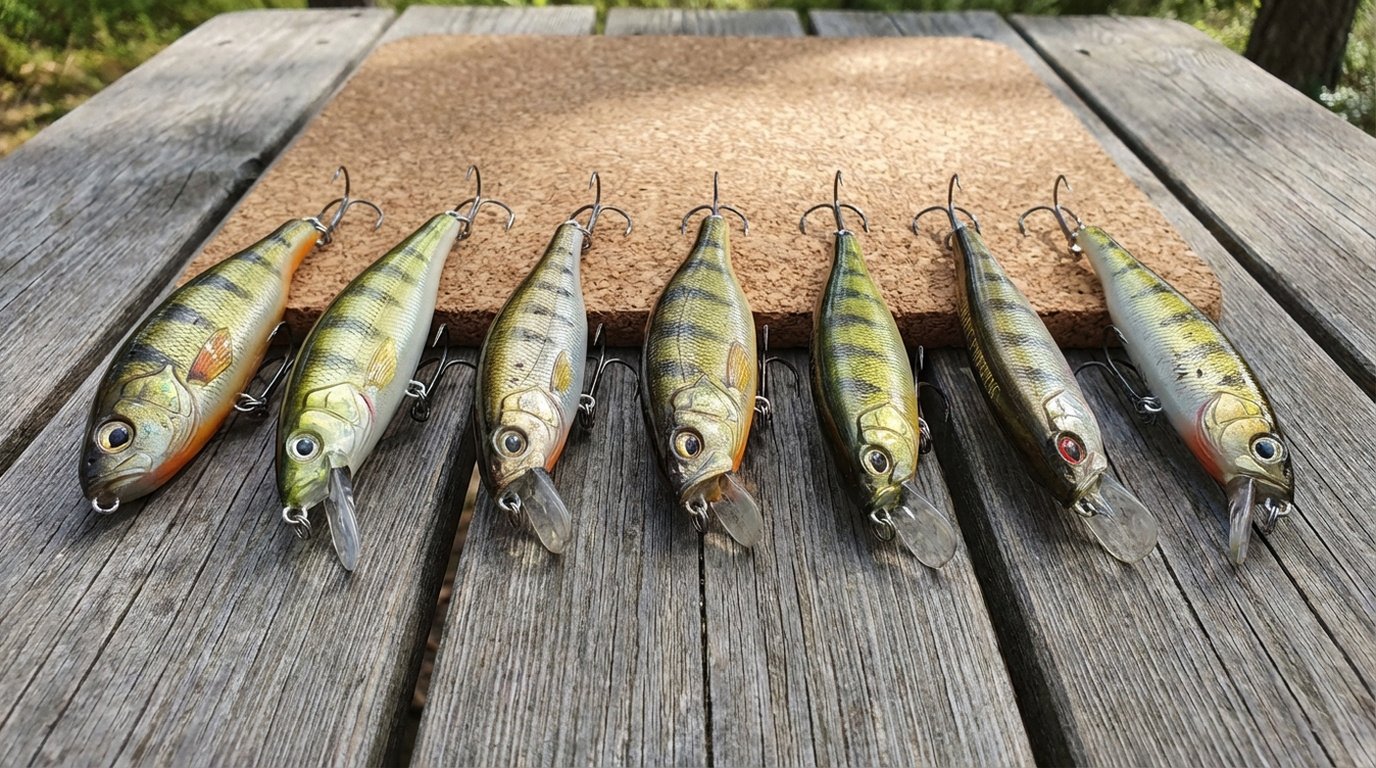Zehn getestete Wobbler nebeneinander auf Holzbrett arrangiert