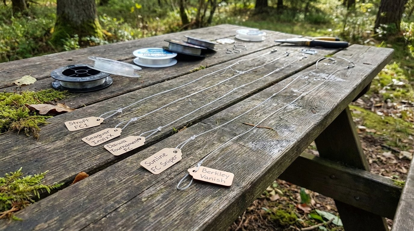 Fünf Fluorocarbon-Spulen aufgereiht auf einem Holztisch – Seaguar InvizX, Sunline FC Sniper, Berkley Vanish, Daiwa Tournament FC und Stroft FC1