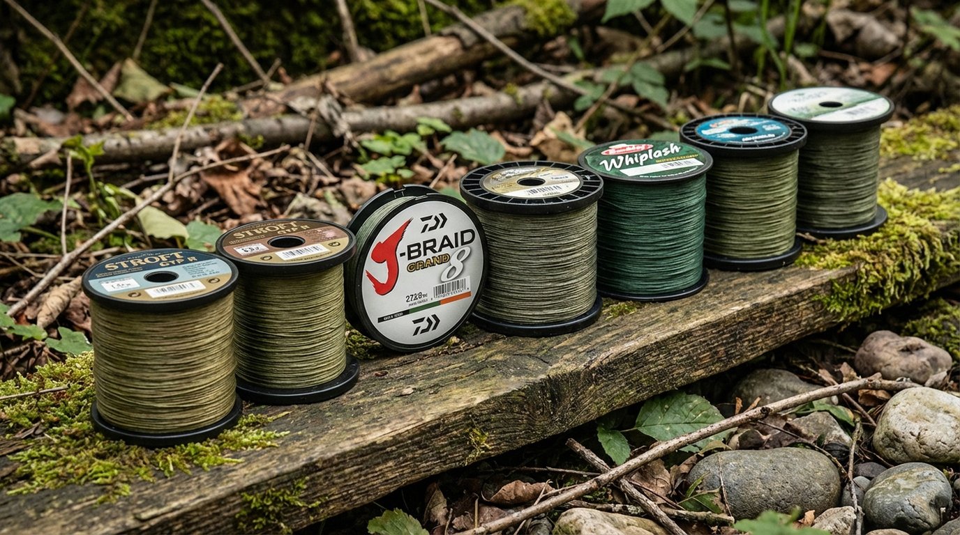 Verschiedene geflochtene Angelschnüre auf Spulen nebeneinander aufgereiht für den Schnurtest 2026