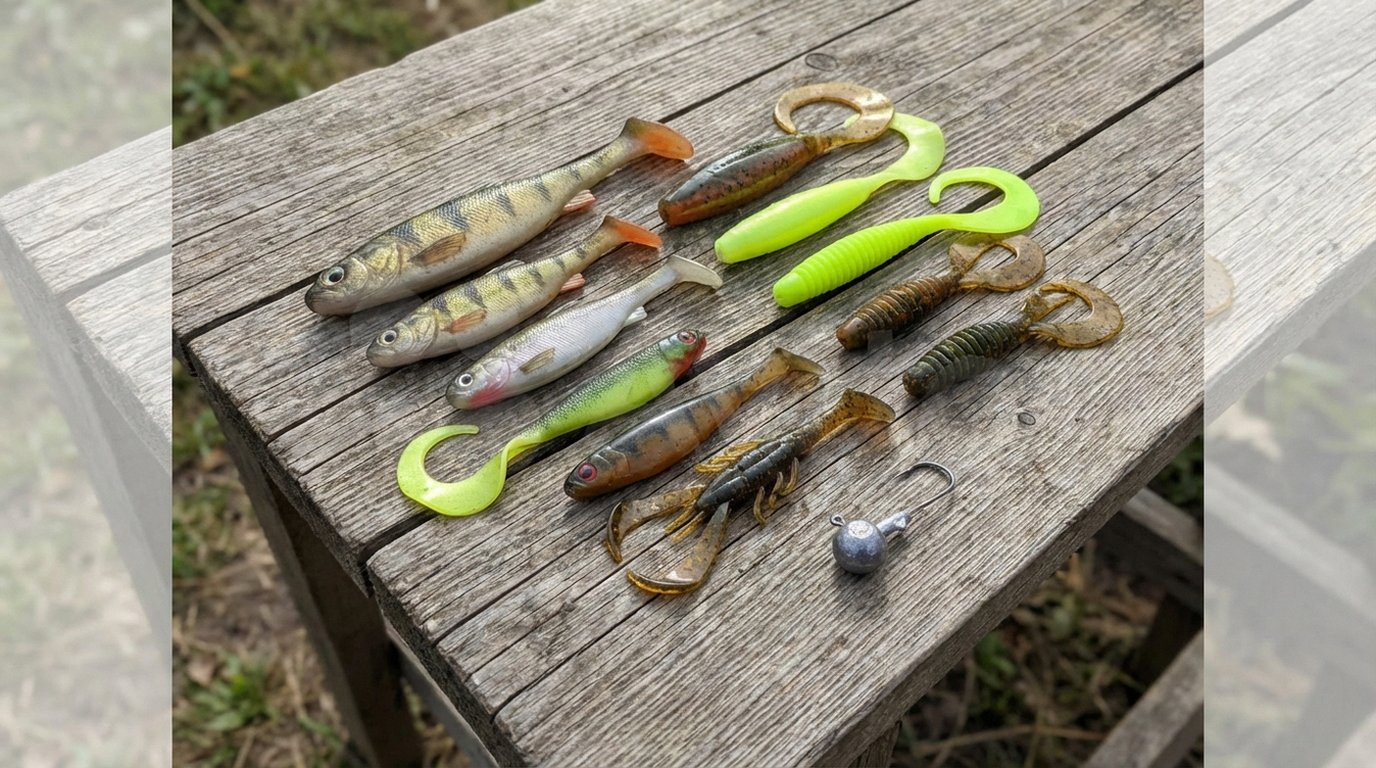 Auswahl verschiedener Hechtwobbler auf einer Holzunterlage — Jerkbaits, Crankbaits und Minnows in verschiedenen Größen und Farben für die Hechtangelei