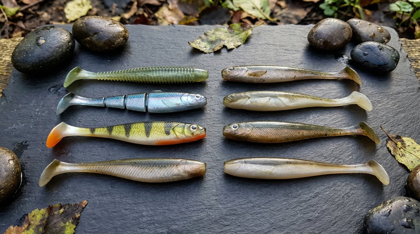 8 Gummifische für Zander, Barsch und Hecht auf Holztisch – Keitech, Fox Rage, Lieblingsköder, Sawamura, DUO Realis, OSP und Zanderfang im Vergleich