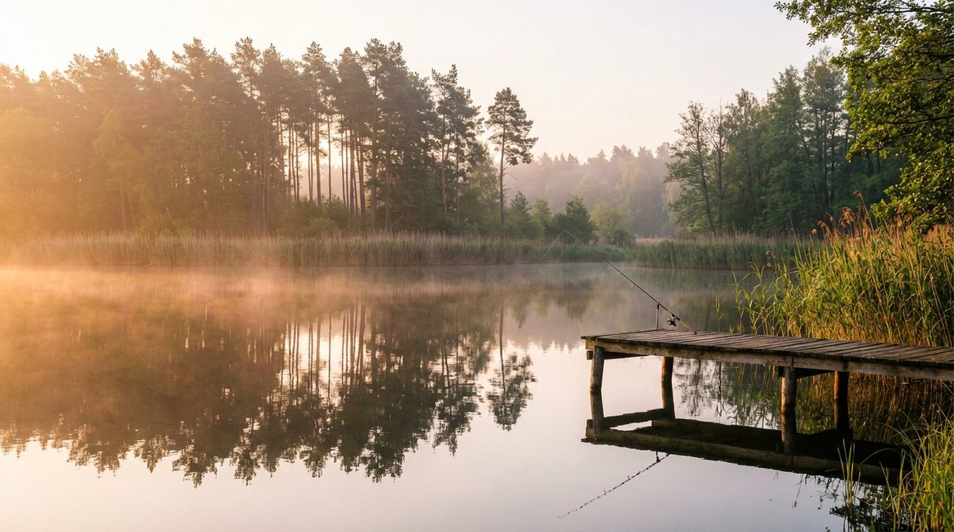 Angler beim Spinnfischen am Fluss im Morgenlicht