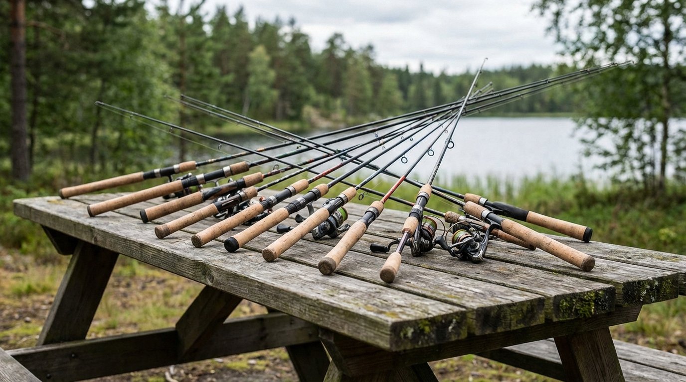 Zehn Spinnruten im Test auf einem Holztisch arrangiert