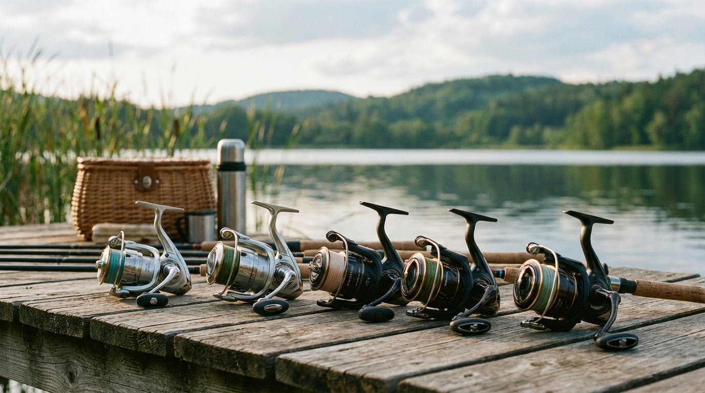 Fünf Stationärrollen nebeneinander auf einer Holzplanke am Wasser — Shimano Stradic, Daiwa Caldia, Shimano Sienna, Daiwa Freams und Shimano Vanford im direkten Größenvergleich
