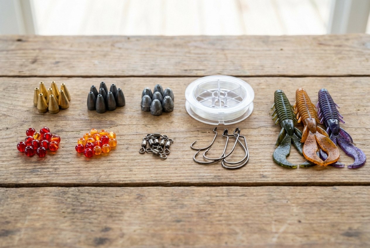 Alle Komponenten eines Carolina Rigs auf einen Blick — Bullet Weights, Glasperlen, Wirbel, Fluorocarbon, Offset-Haken und Creature Baits sortiert auf einer Holzfläche