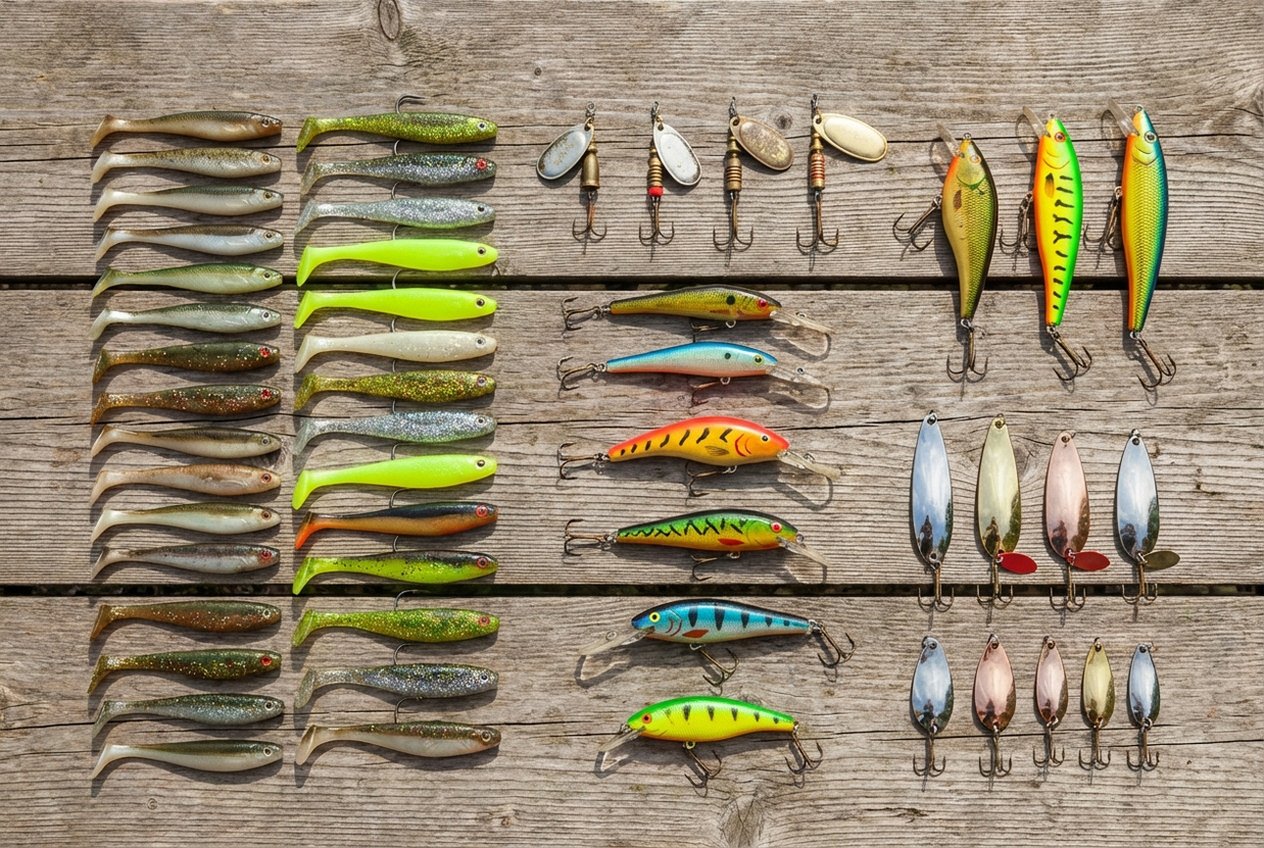 Sortiment verschiedener Kunstköder zum Spinnfischen – Gummifische, Spinner, Wobbler und Blinker übersichtlich angeordnet