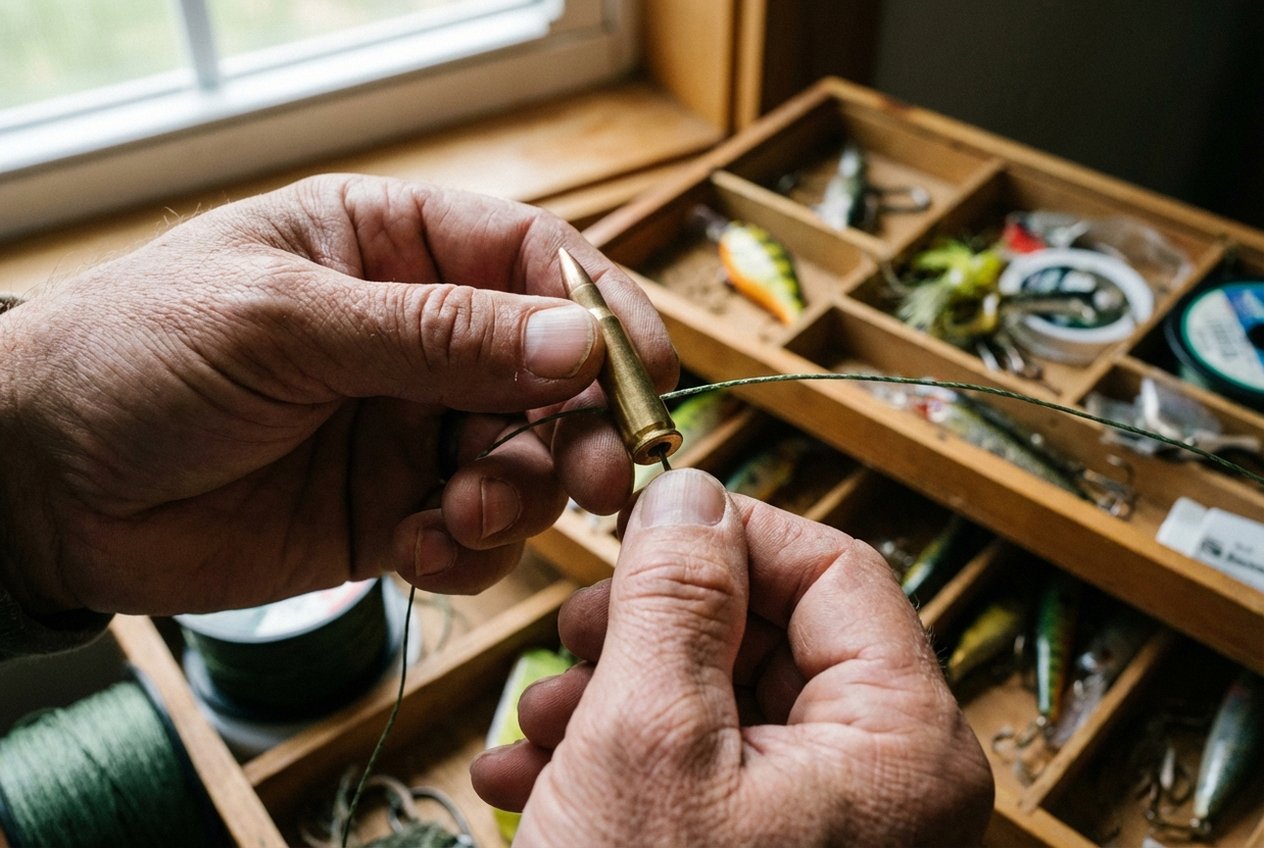 Bullet Weight wird auf die geflochtene Hauptschnur eines Carolina Rigs aufgefädelt — Nahaufnahme mit Messinggewicht und grüner Geflochtener