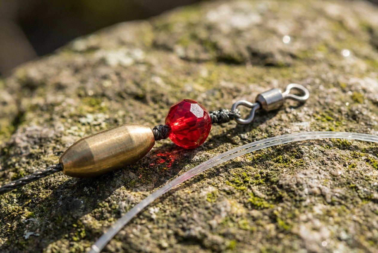 Glasperle und Tönnchenwirbel am Carolina Rig — Detail der Verbindung zwischen Hauptschnur und Vorfach mit roter facettierter Glasperle