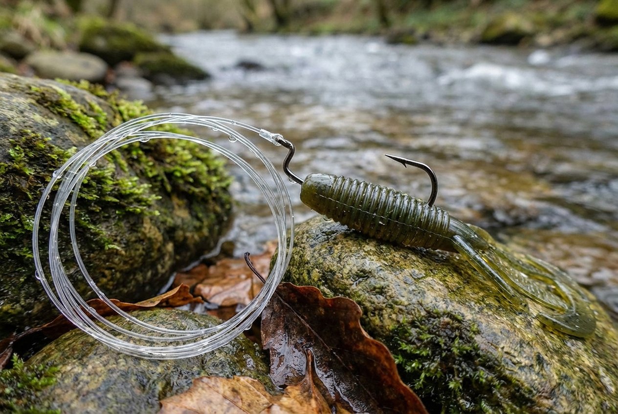 Fluorocarbon-Vorfach mit Offset-Haken am Carolina Rig — Detailansicht eines 60 cm langen Vorfachs mit texanisch montiertem Creature Bait