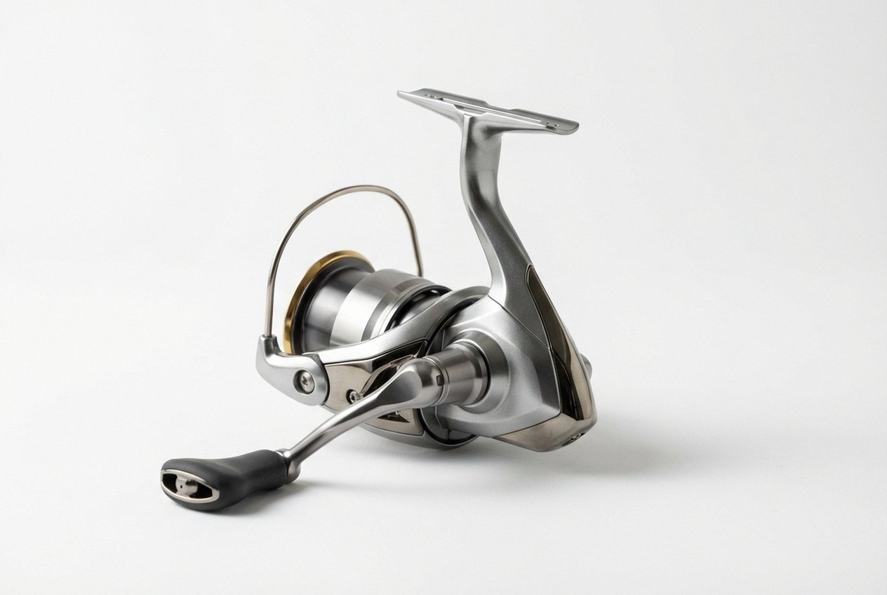 Shimano Stradic FM C3000 auf Holztisch mit Spinnrute