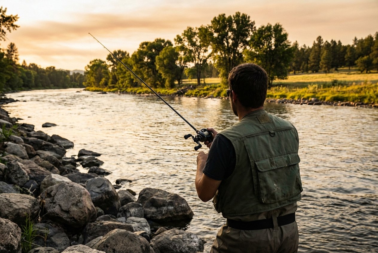 Angler an der Havel wirft mit Baitcastrolle auf Hecht bei Sonnenaufgang
