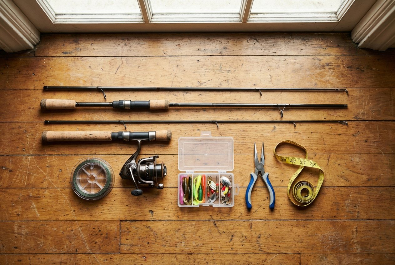 Spinnfisch-Ausrüstung für Anfänger: Rute, Rolle, Schnur und Zubehör auf Holztisch