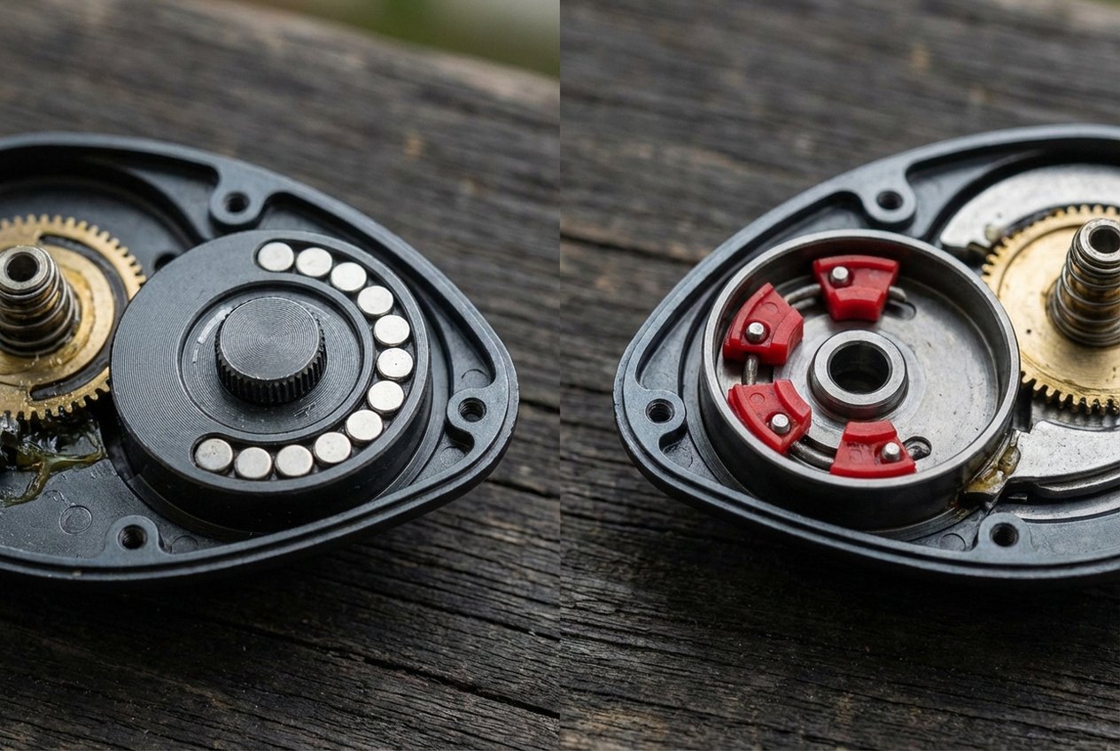 Vergleich Magnetbremse und Fliehkraftbremse einer Baitcastrolle im Querschnitt