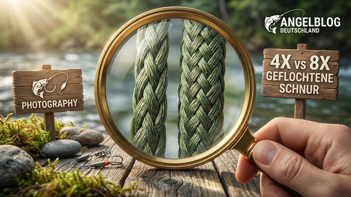 Nahaufnahme von 4-fach und 8-fach geflochtener Schnur im direkten Vergleich unter der Lupe