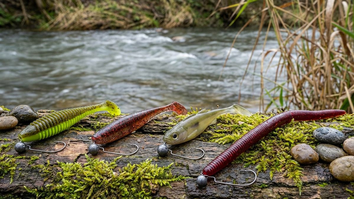 Drop Shot Köder im Vergleich: Keitech Sexy Impact, Easy Shiner, Jackall Crosstail Shad und Gummiwurm nebeneinander