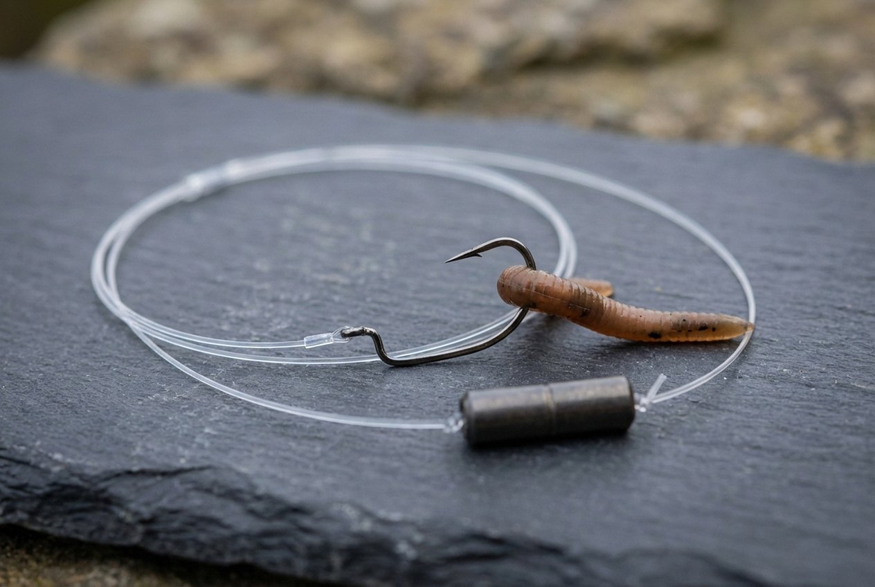 Drop-Shot-Montage für Barsch – Schema mit Haken, Vorfach und Blei