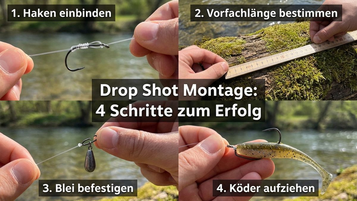 Drop Shot Montage binden in vier Schritten: Haken einbinden, Vorfachlänge bestimmen, Blei befestigen, Köder aufziehen