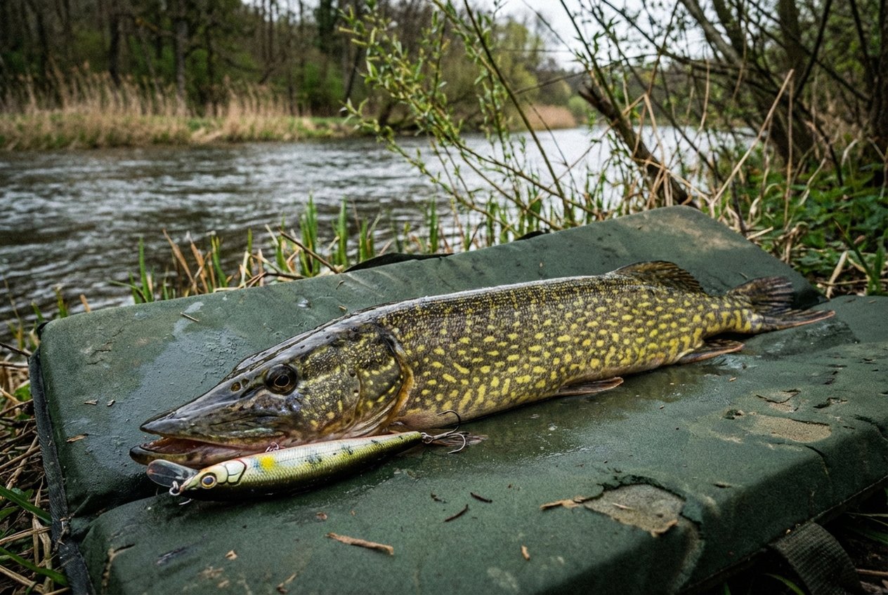 Hecht mit Wobbler im Maul direkt nach dem Fang an einem norddeutschen Fluss — Hechtangeln mit Wobbler in der Praxis