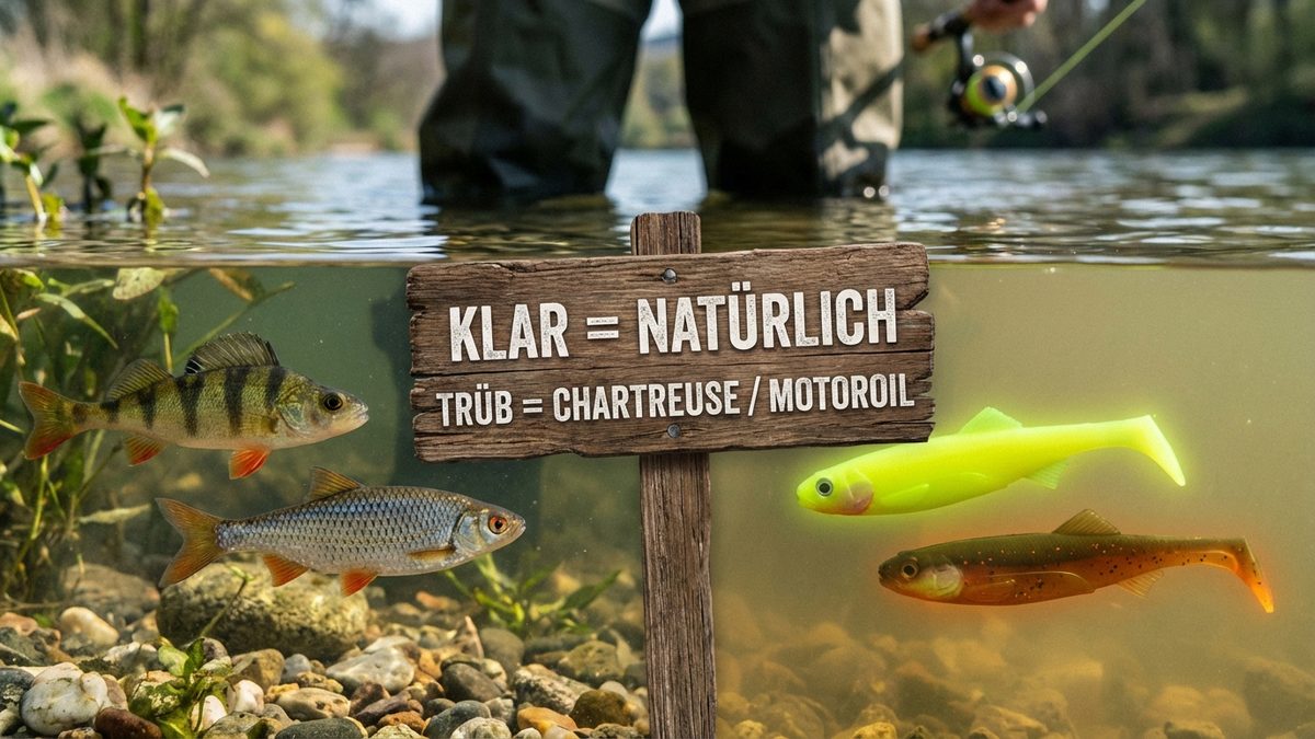 Farbempfehlung für Gummifische nach Wasserklarheit – Natürlich bei klarem Wasser, Chartreuse und Motoroil bei trübem Wasser