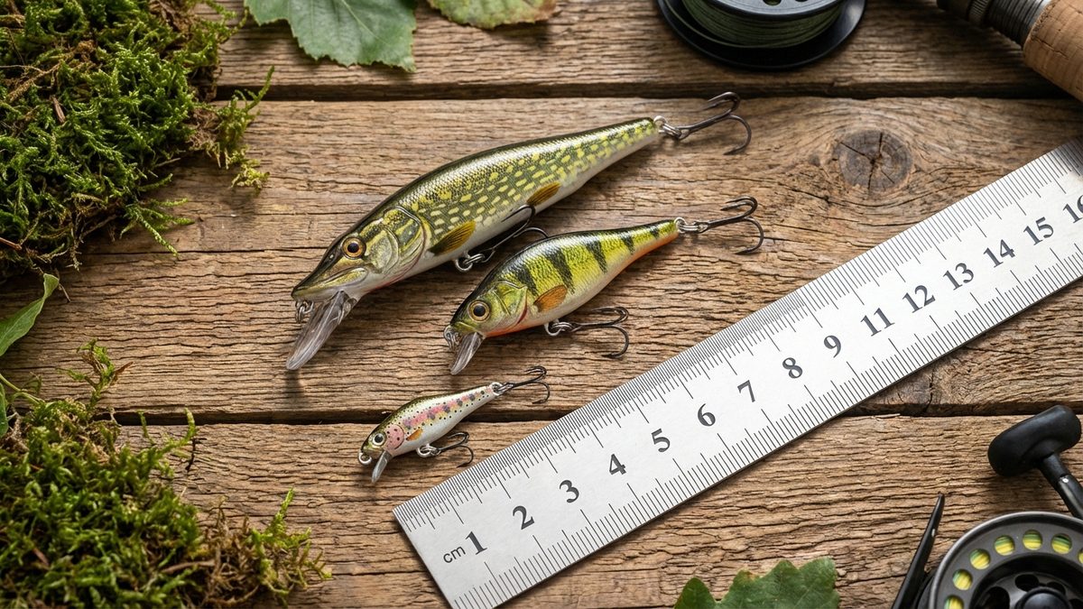 Größenvergleich Barschwobbler: 3 cm, 5 cm und 8 cm Wobbler nebeneinander mit Lineal – welche Größe für welchen Barsch