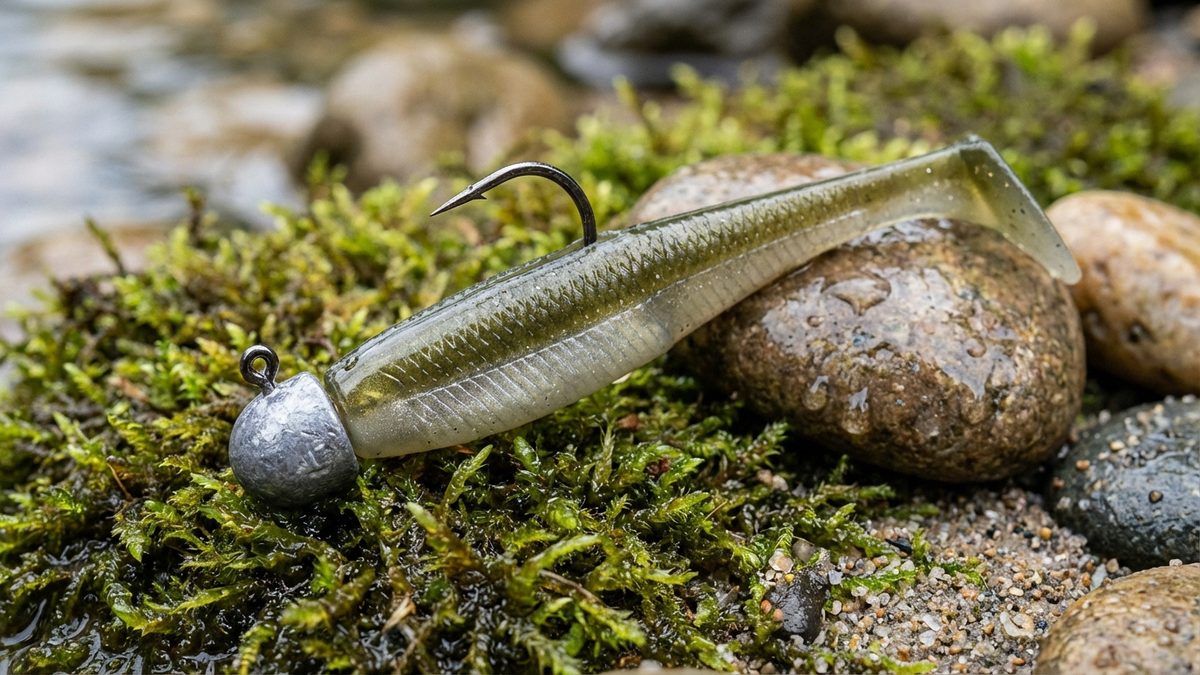 Gummifisch am Jigkopf montiert – Detailansicht der Shad-Montage für Zander
