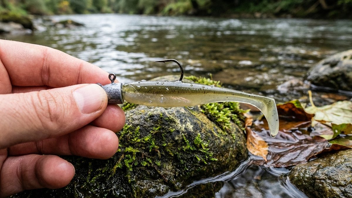 Gummifisch auf Jigkopf montiert – Nahaufnahme der korrekten Montage mit Keitech Easy Shiner