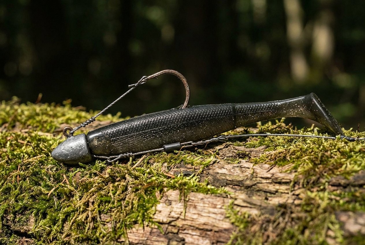 XXL-Gummifisch 20 cm auf Jigkopf mit Stinger-Rig montiert – fertige Hecht-Montage