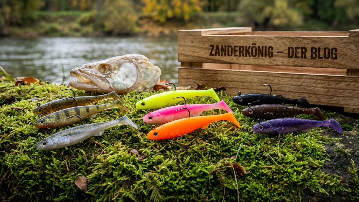 Farbvergleich: natürliche, Schock- und dunkle Gummifischfarben für Zander