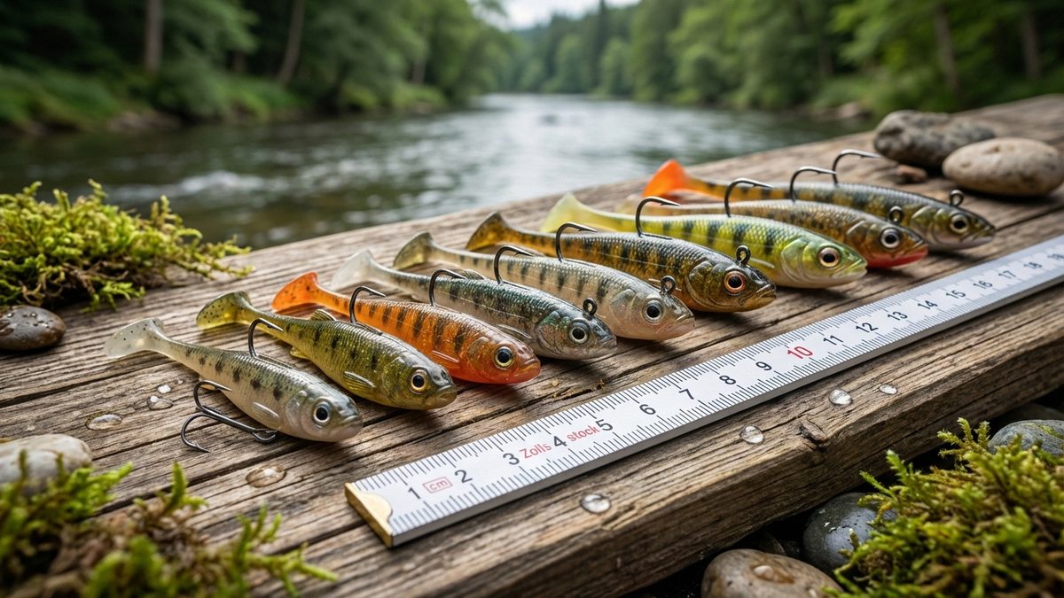 Größenvergleich Gummifische von 8 bis 18 cm mit Maßband