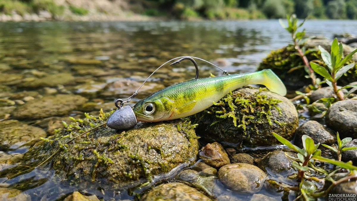 Detailaufnahme einer Jigkopf-Montage mit Gummifisch für Zander