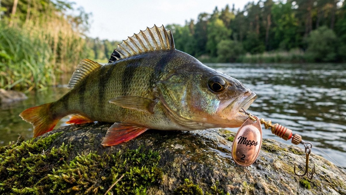 Barsch gefangen auf Mepps Aglia Spinner Größe 2 in Kupfer