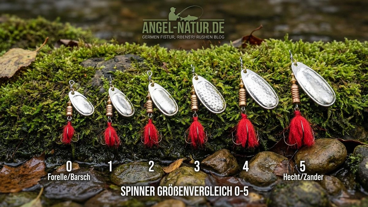 Spinner in Größe 0 bis 5 nebeneinander — Größenvergleich für verschiedene Zielfische