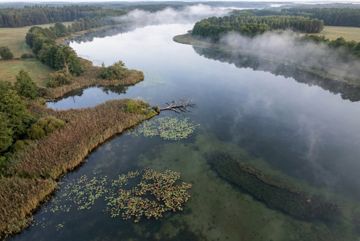 Infografik zeigt typische Hecht-Hotspots in einem See: Schilfkanten, Seerosenfelder, versunkene Bäume und Krautbänke