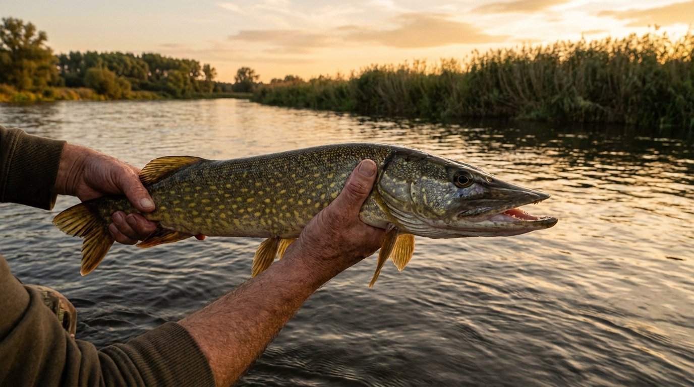Angler hält einen kapitalen Hecht an einem natürlichen Gewässer in Brandenburg