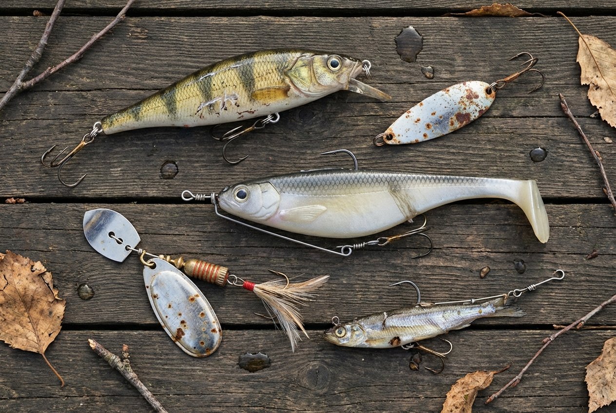 Köder-Übersicht für Hecht: Wobbler, Gummifische, Spinner und Deadbaits nebeneinander
