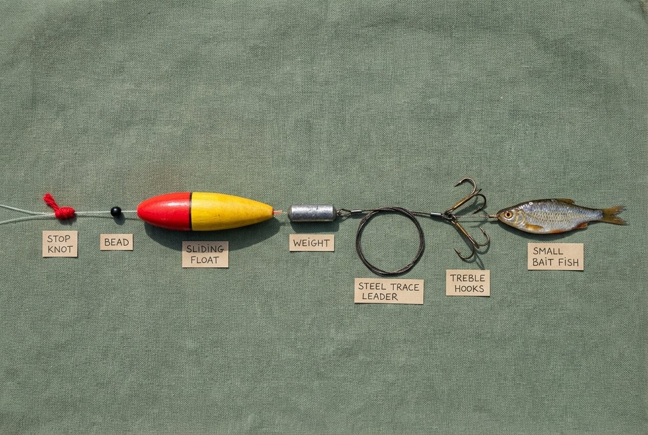 Diagramm einer Laufposen-Montage für Hecht mit Stopper, Pose, Bleischrot und Stahlvorfach