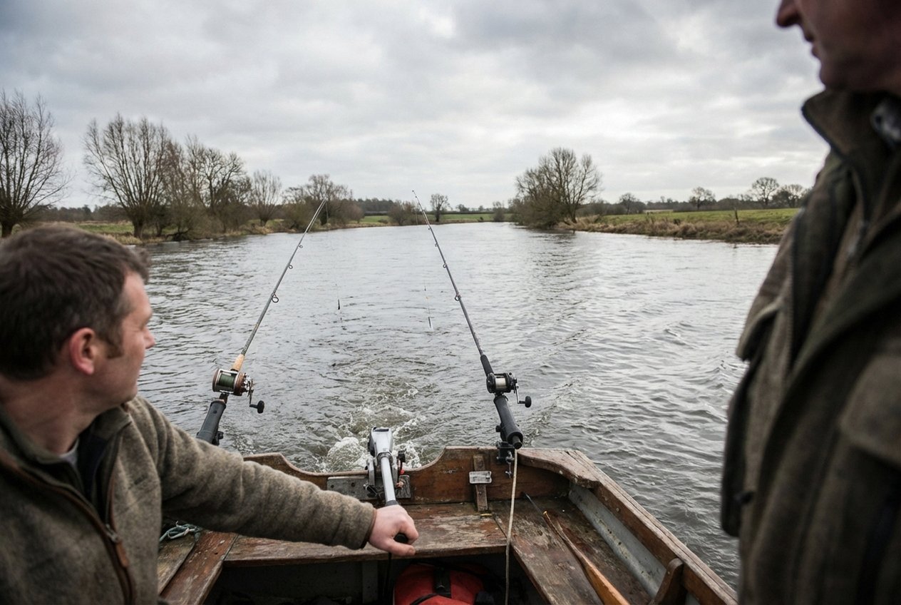 Angelboot beim Schleppangeln auf Hecht mit zwei Schleppruten und Rutenhaltern