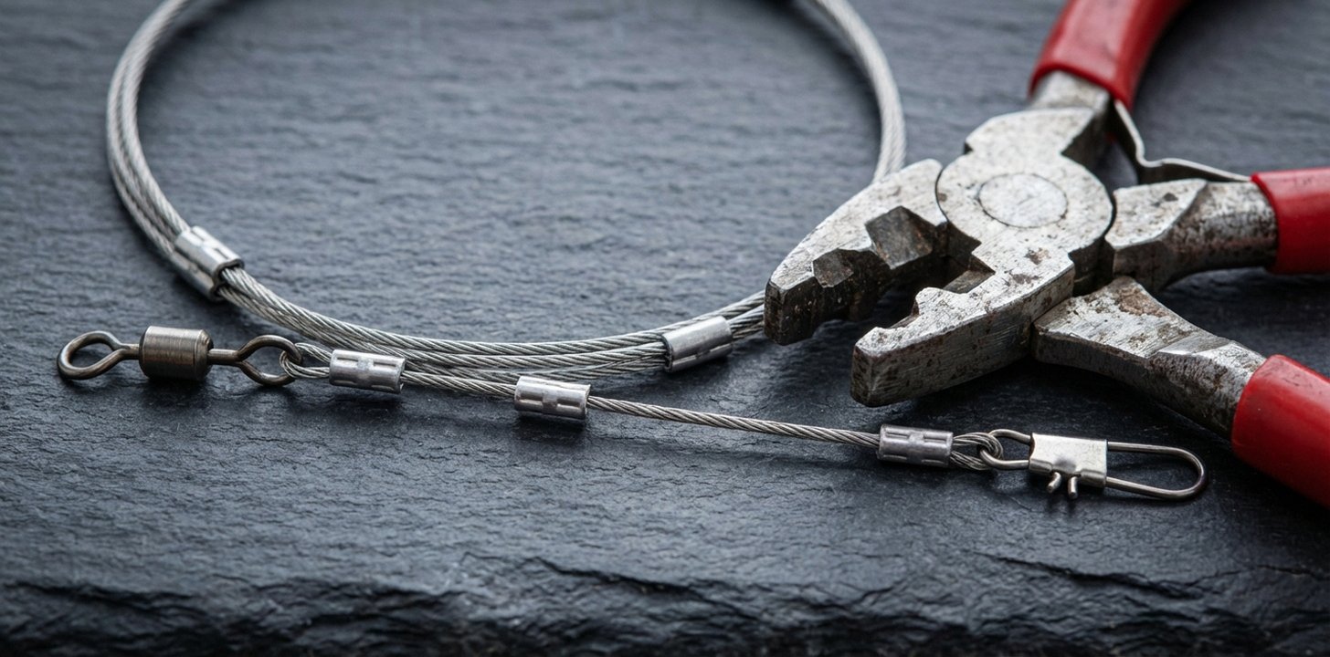 Diagramm einer Stahlvorfach-Montage für Hecht mit Quetschhülsen, Wirbel und Drilling