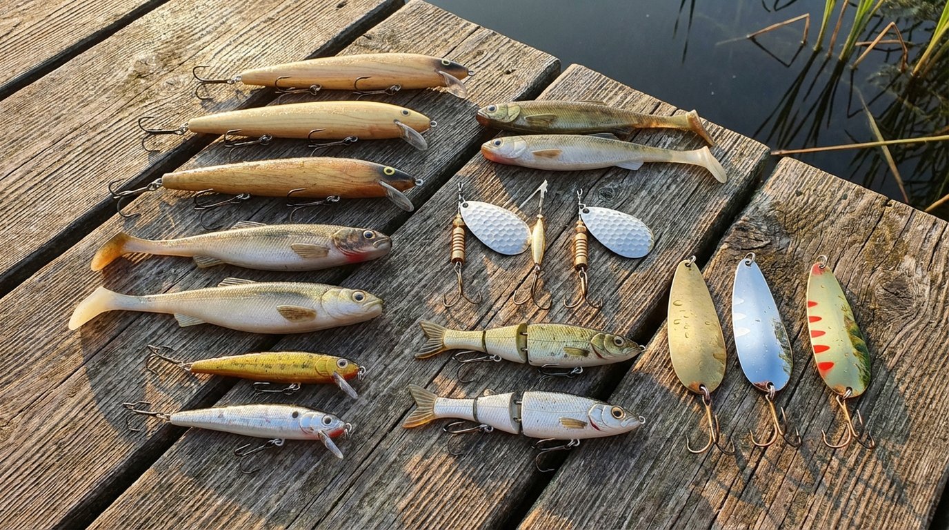 Verschiedene Hechtköder aufgereiht: Wobbler, Gummifische, Jerkbaits und Blinker auf Holztisch
