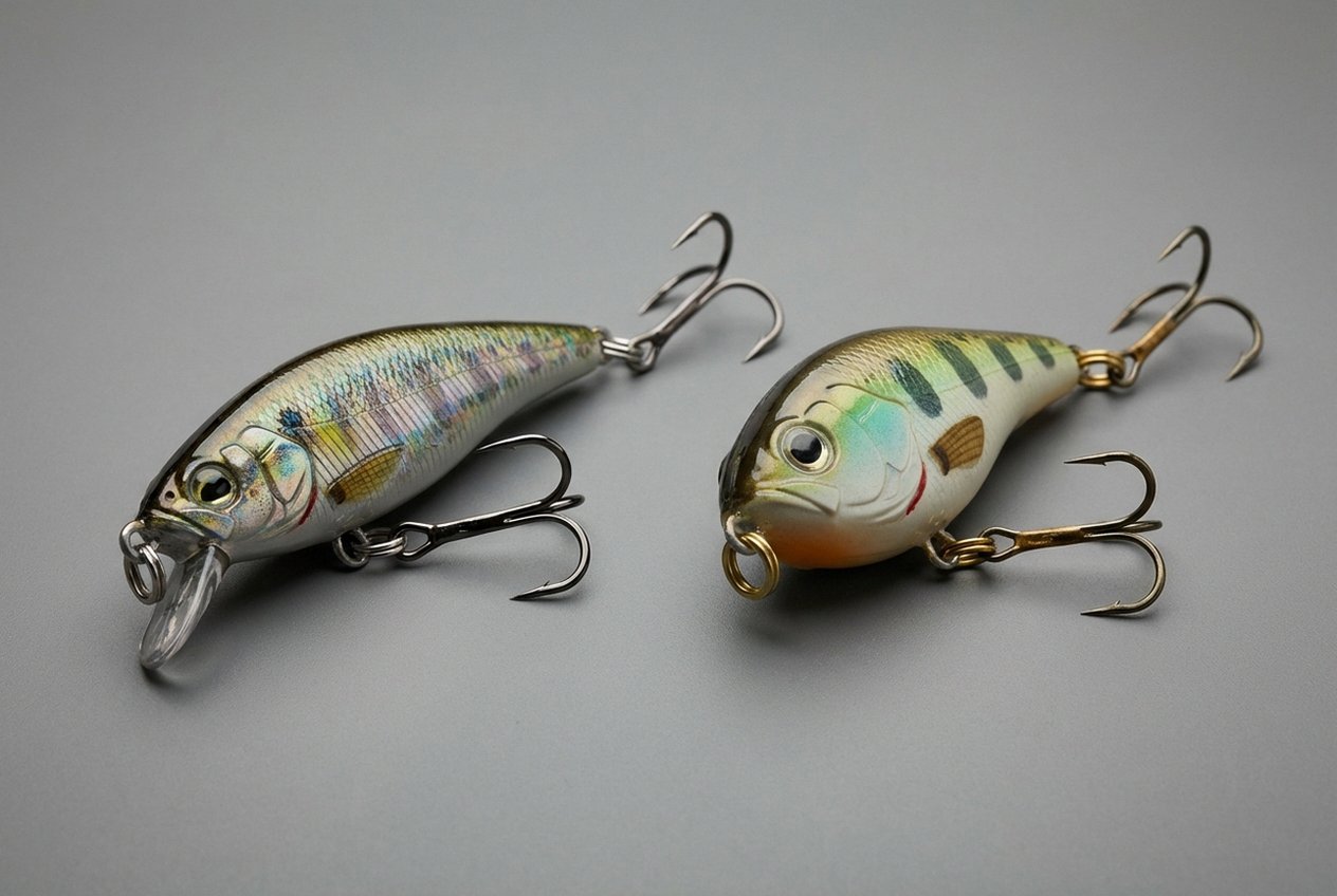 Japanischer Duo Realis Wobbler neben europäischem Rapala Wobbler Qualitätsvergleich Drilling und Lackierung