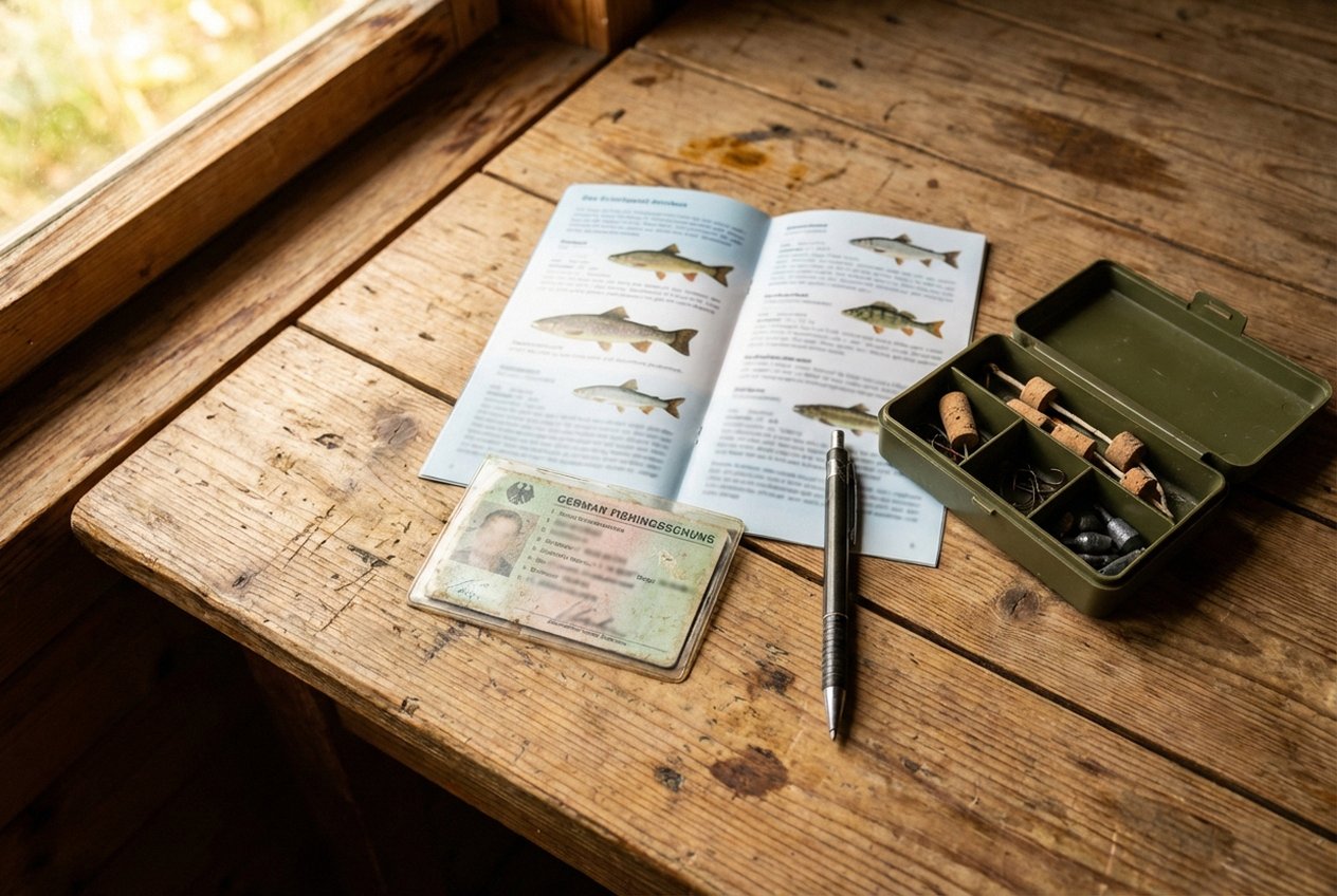 Grüne Nachweiskarte mit eingeklebter Fischereiabgabemarke Brandenburg