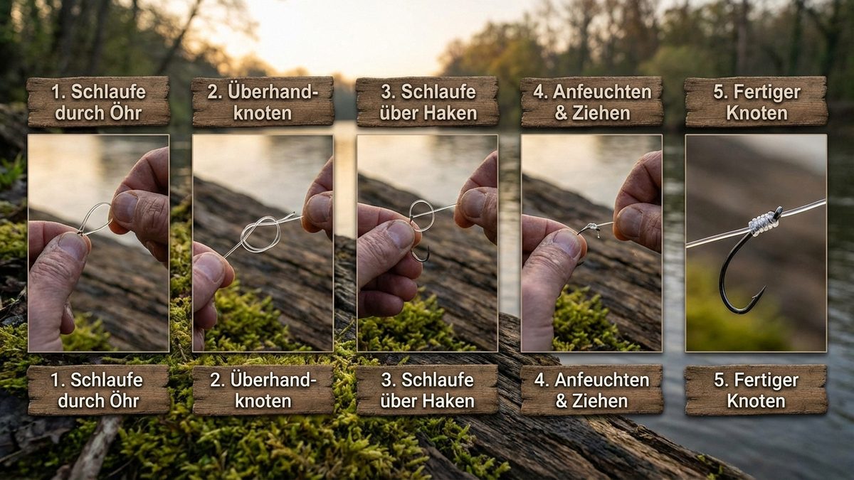 Palomarknoten binden: Illustration der fünf Schritte mit Fluorocarbon und Drop-Shot-Haken