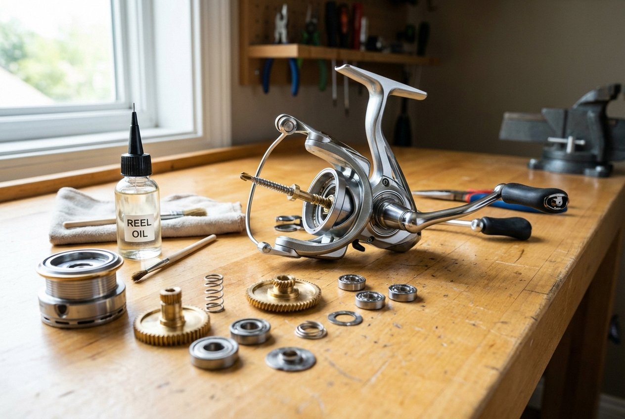 Nahaufnahme einer geöffneten Stationärrolle mit sichtbaren Kugellagern und Getriebe — Pflege und Wartung verlängern die Lebensdauer der Angelrolle