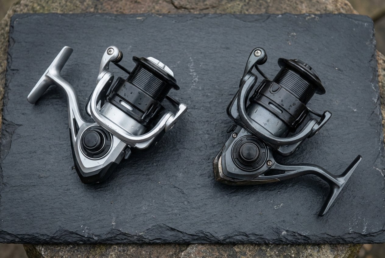Shimano Stradic FL und Daiwa Caldia LT nebeneinander — direkter Vergleich der beiden besten Stationärrollen-Hersteller